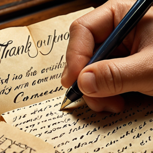 Home 15 Image Prompt 1:** A close-up shot of hands gently holding a beautifully handwritten thank-you letter on aged paper. The focus is on the tangible details: the texture of the paper, the slight smudges of ink, and the unique flourishes of handwritten script. In the blurred background, hints of a warm, cozy setting (like a softly lit desk with a pen and an open journal) suggest a moment of quiet reflection and deep personal connection. The atmosphere is warm, heartfelt, and emphasizes the tactile magic and emotional depth of a physical letter in contrast to digital communication.