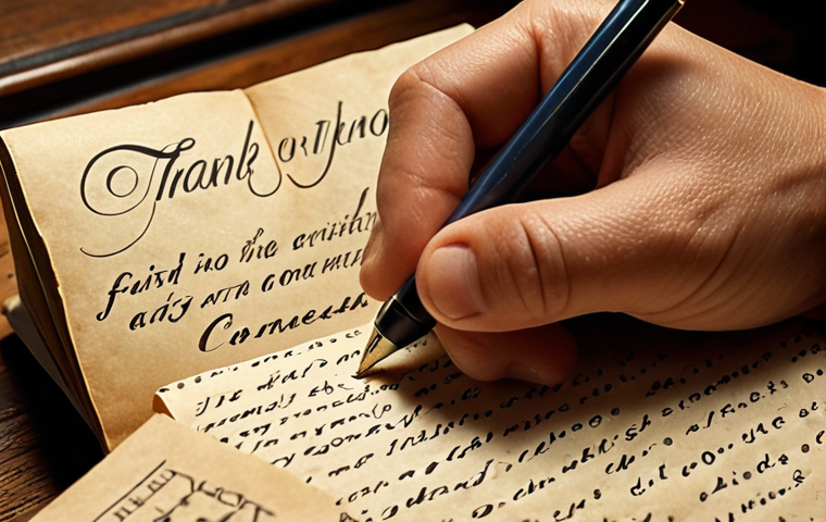 Image Prompt 1:** A close-up shot of hands gently holding a beautifully handwritten thank-you letter on aged paper. The focus is on the tangible details: the texture of the paper, the slight smudges of ink, and the unique flourishes of handwritten script. In the blurred background, hints of a warm, cozy setting (like a softly lit desk with a pen and an open journal) suggest a moment of quiet reflection and deep personal connection. The atmosphere is warm, heartfelt, and emphasizes the tactile magic and emotional depth of a physical letter in contrast to digital communication.