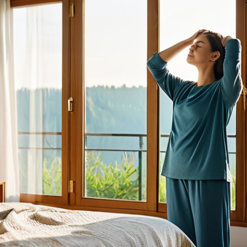 Home 14 **Prompt 1: Mindful Awakening and Gentle Start**
A calm woman in modest, comfortable loungewear, gently stretching her arms above her head while standing next to a large window, as soft morning sunlight streams into a beautifully organized bedroom. The curtains are open, revealing a serene view of nature outside. There is a glass of water with lemon slices on a nearby nightstand. The scene evokes peace and a gentle start to the day. She exhibits perfect anatomy, correct proportions, natural pose, well-formed hands, and proper finger count. She is fully clothed, appropriate attire, modest clothing, safe for work, family-friendly content. Professional photography, high quality, soft focus, warm tones.