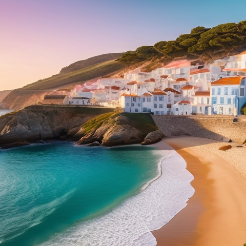 소중한 하루를 위한 여행지 추천 - **Prompt:** A serene, wide-angle landscape photograph of a pristine Portuguese beach at sunset, remi...