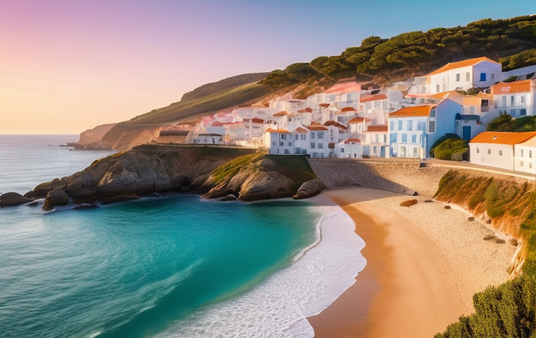 소중한 하루를 위한 여행지 추천 - **Prompt:** A serene, wide-angle landscape photograph of a pristine Portuguese beach at sunset, remi...