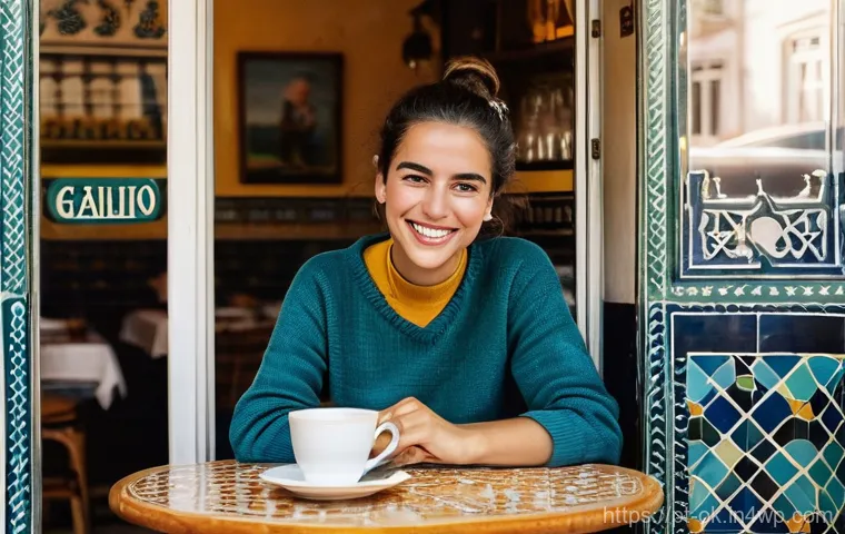 일상에서의 감사 실천법 - **Morning Gratitude in a Lisbon Café**: A serene scene in a sun-drenched, traditional Lisbon café. A...