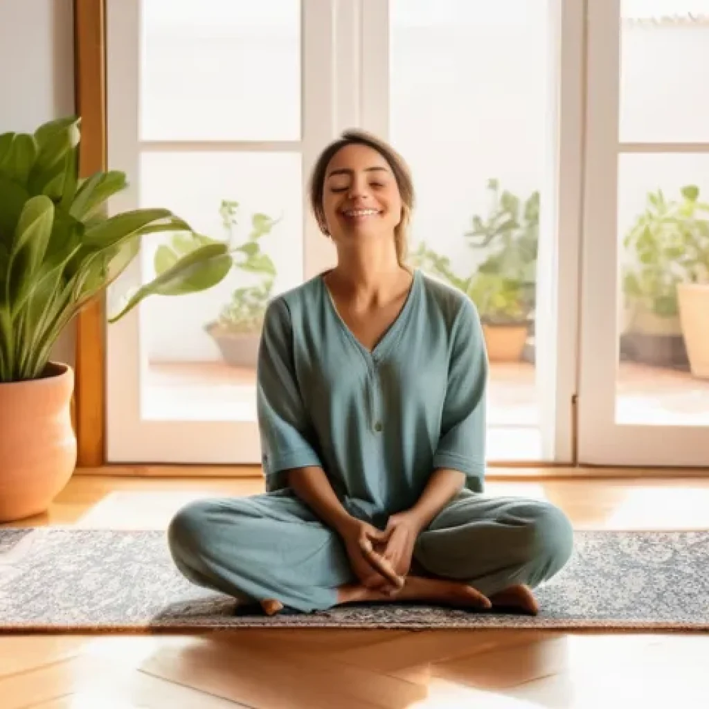 일상의 소소한 행복 찾기 - A serene woman in her late 30s, dressed in comfortable, modest loungewear, practices mindfulness dur...