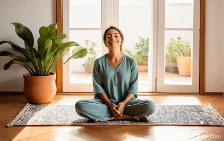 일상의 소소한 행복 찾기 - A serene woman in her late 30s, dressed in comfortable, modest loungewear, practices mindfulness dur...
