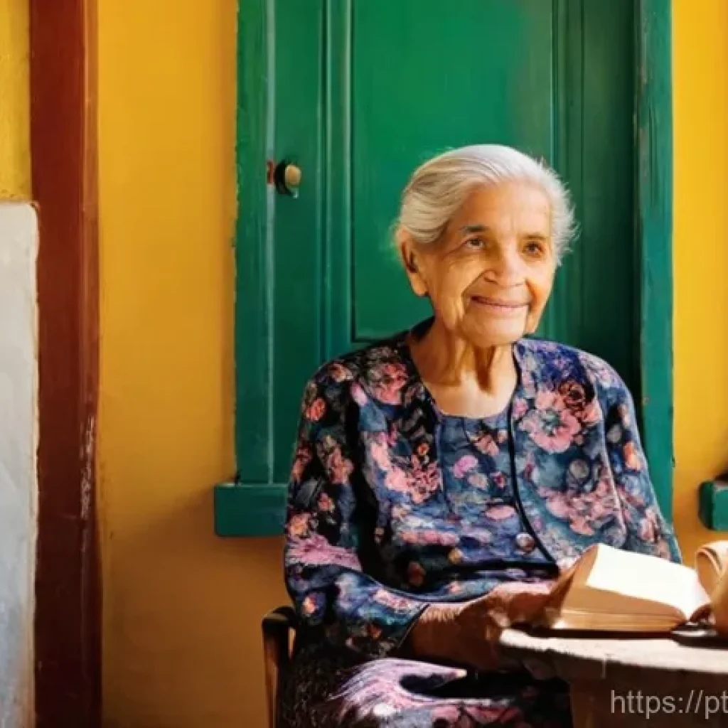아보하를 위한 일기 쓰기 - **A Serene Moment of Reflection and Writing:**
"A serene, elderly Brazilian grandmother, with ge...