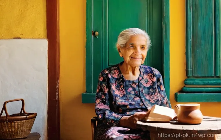 아보하를 위한 일기 쓰기 - **A Serene Moment of Reflection and Writing:**
"A serene, elderly Brazilian grandmother, with ge...