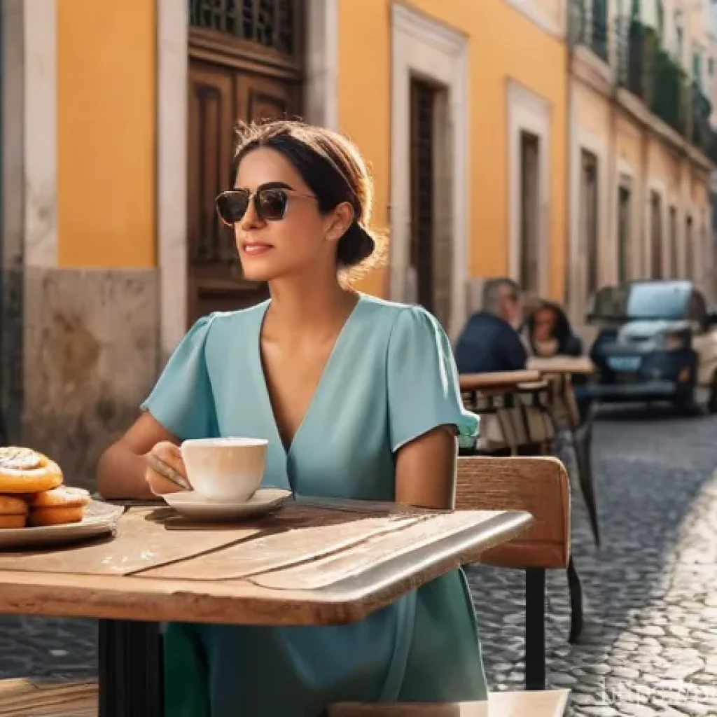 소소한 하루의 가치 - **A Serene Morning in Lisbon**
A young woman in her late 20s to early 30s is sitting at an outdo...