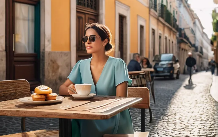 소소한 하루의 가치 - **A Serene Morning in Lisbon**
A young woman in her late 20s to early 30s is sitting at an outdo...