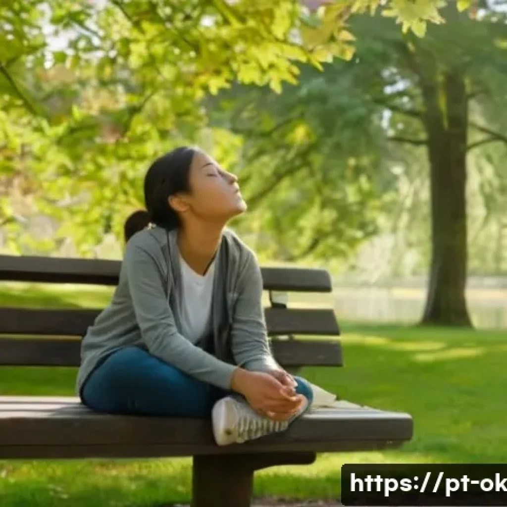 하루의 소중함을 강조하는 팟캐스트 추천 - A serene scene of a young adult woman sitting peacefully on a park bench during early morning light,...