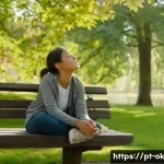 Home 19 하루의 소중함을 강조하는 팟캐스트 추천 - A serene scene of a young adult woman sitting peacefully on a park bench during early morning light,...