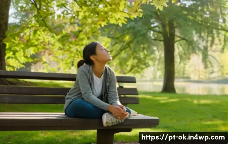하루의 소중함을 강조하는 팟캐스트 추천 - A serene scene of a young adult woman sitting peacefully on a park bench during early morning light,...