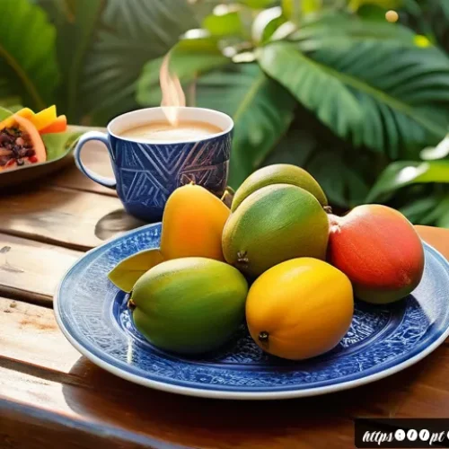 Home 30 소중한 하루 기록하기 - A warm, sunlit scene capturing a Brazilian morning breakfast on a rustic wooden table outdoors, feat...