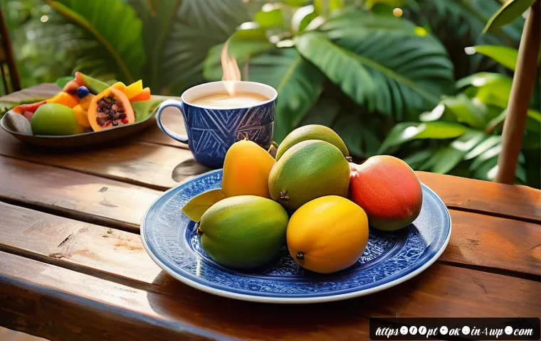 소중한 하루 기록하기 - A warm, sunlit scene capturing a Brazilian morning breakfast on a rustic wooden table outdoors, feat...