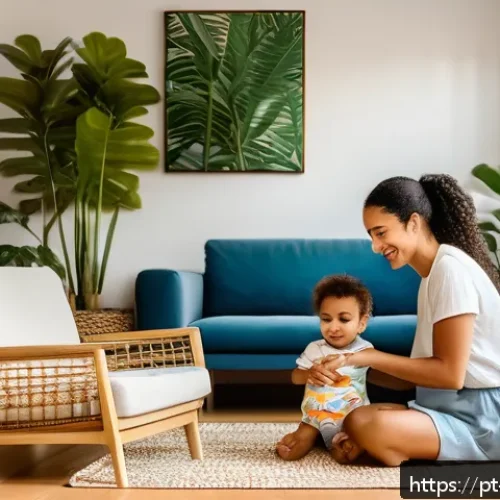 Home 29 아보하를 위한 단순한 삶의 원칙 - A serene family moment in a cozy, sunlit living room of a modern Brazilian home, showing a mother an...