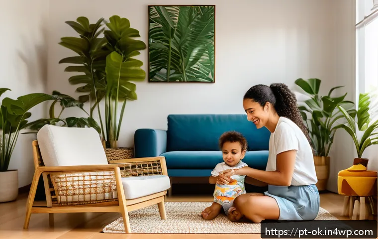 아보하를 위한 단순한 삶의 원칙 - A serene family moment in a cozy, sunlit living room of a modern Brazilian home, showing a mother an...