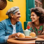 Home 22 기억에 남는 평범한 하루의 사례 - A warm and cozy morning scene showing two adult friends sitting at a small café table outdoors in a ...