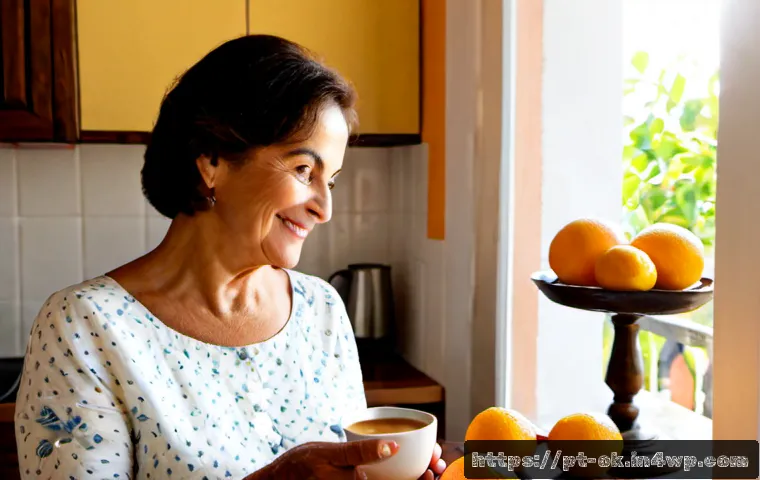 Home 17 일상에서 감사하는 마음 기르기 - Photorealistic warm morning scene in a cozy Portuguese home kitchen, a middle-aged woman pausing wit...