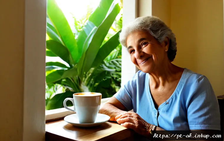 일상 속 작은 기쁨들 - Photorealistic morning scene in a cozy Brazilian apartment kitchen, an older woman enjoying fresh co...
