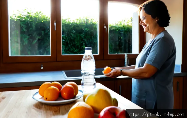 Home 17 행복한 일상을 위한 작은 변화 - Photorealistic bright morning in a cozy Portuguese apartment kitchen, a smiling middle-aged woman pl...